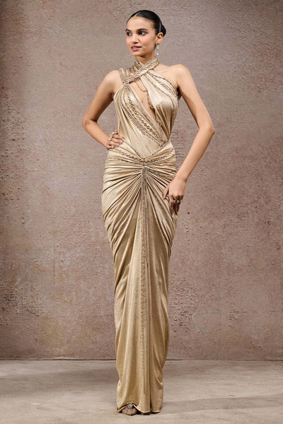 Tarun Tahiliani Gold Chain Draped Bodysuit Skirt indian designer wear online shopping melange singapore 