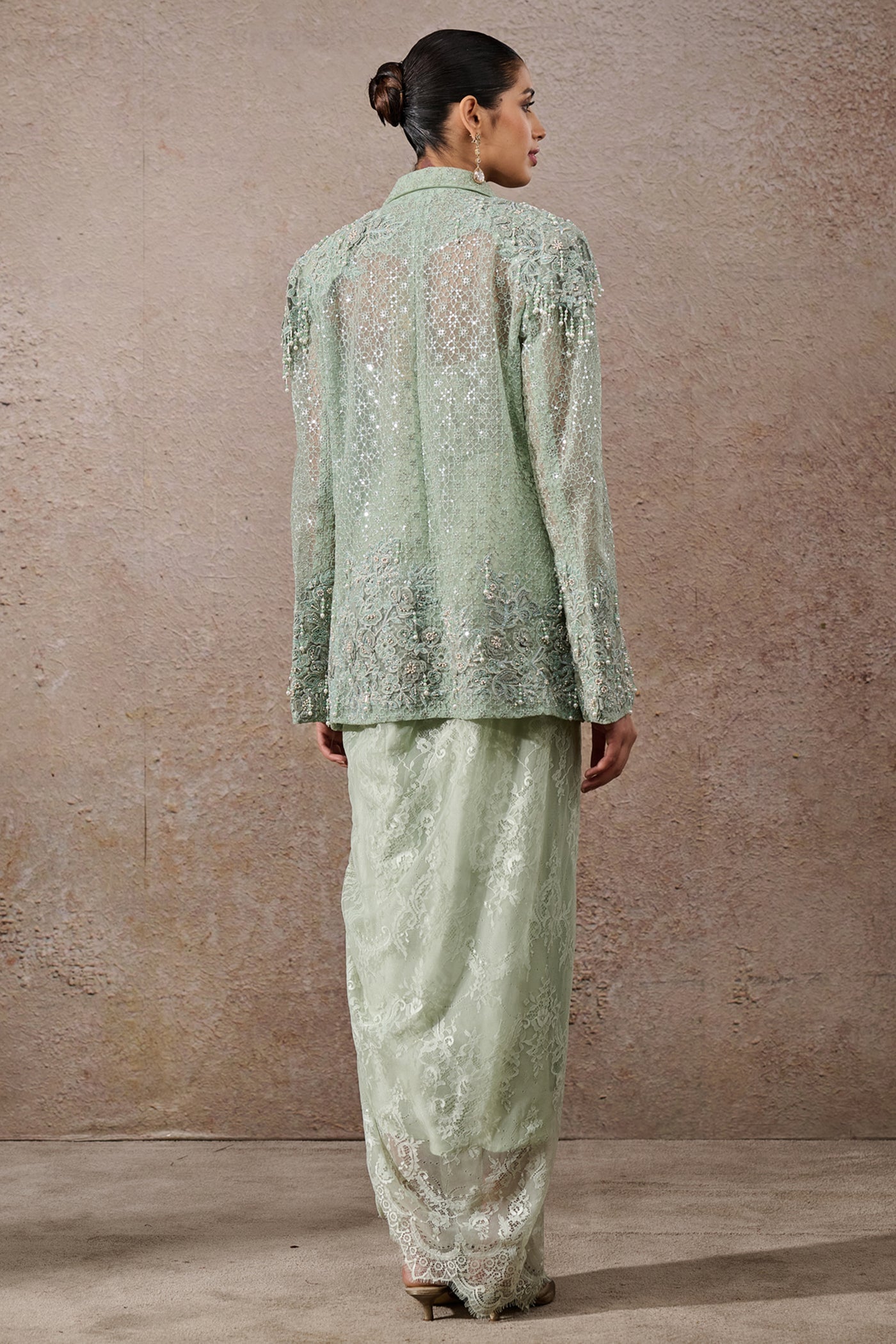 Tarun Tahiliani Hand Embroidered Sheer Jacket Co-ord Set Indian designer wear online shopping melange singapore