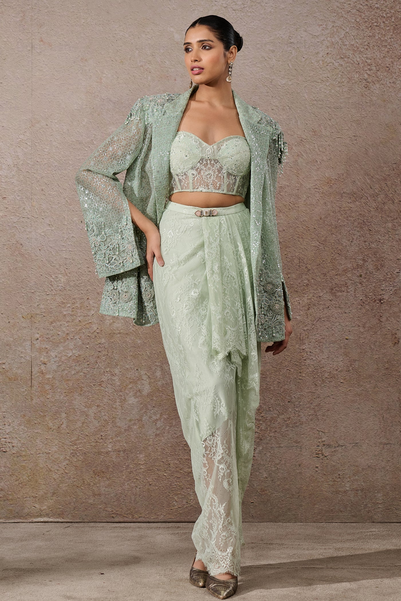 Tarun Tahiliani Hand Embroidered Sheer Jacket Co-ord Set Indian designer wear online shopping melange singapore