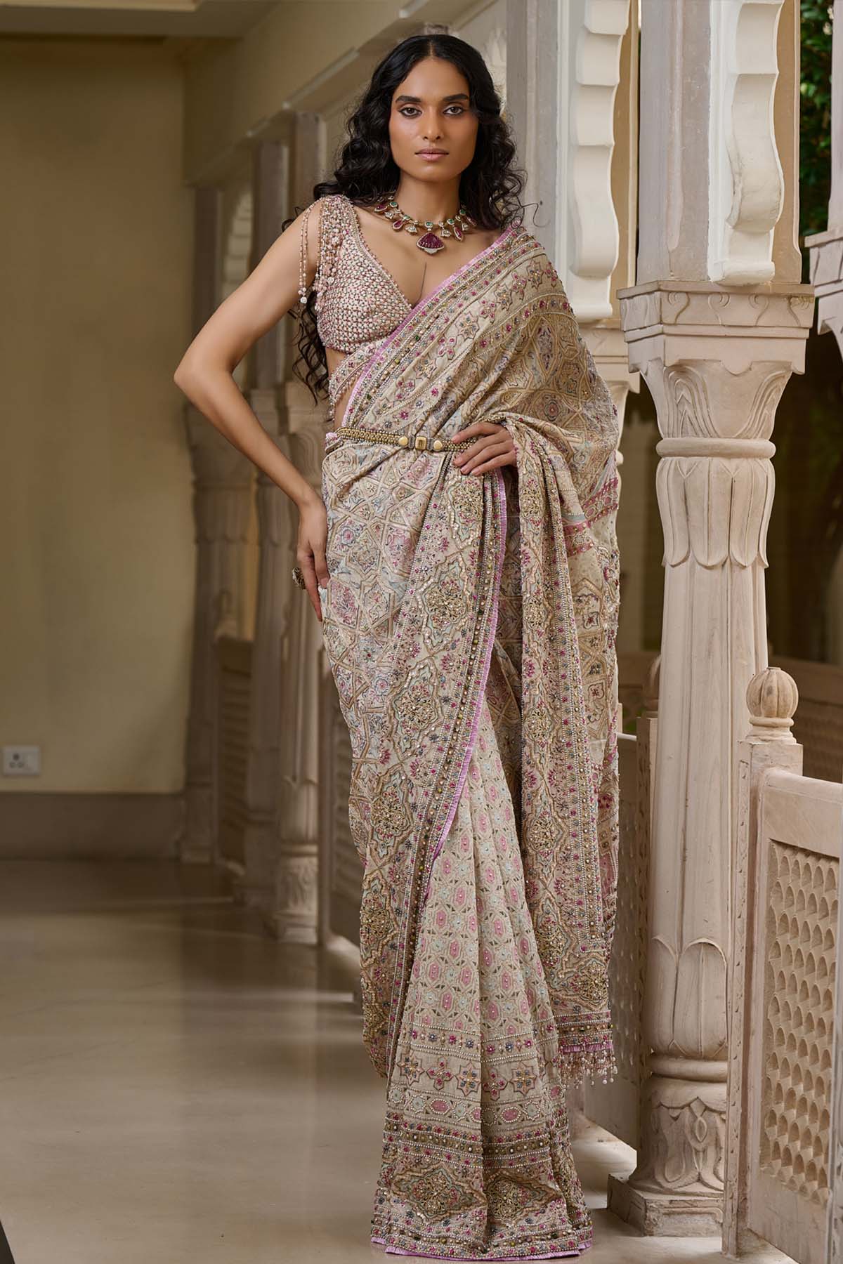 Tarun Tahiliani Kashida Embroidered Saree Multi indian designer wear online shopping melange singapore 