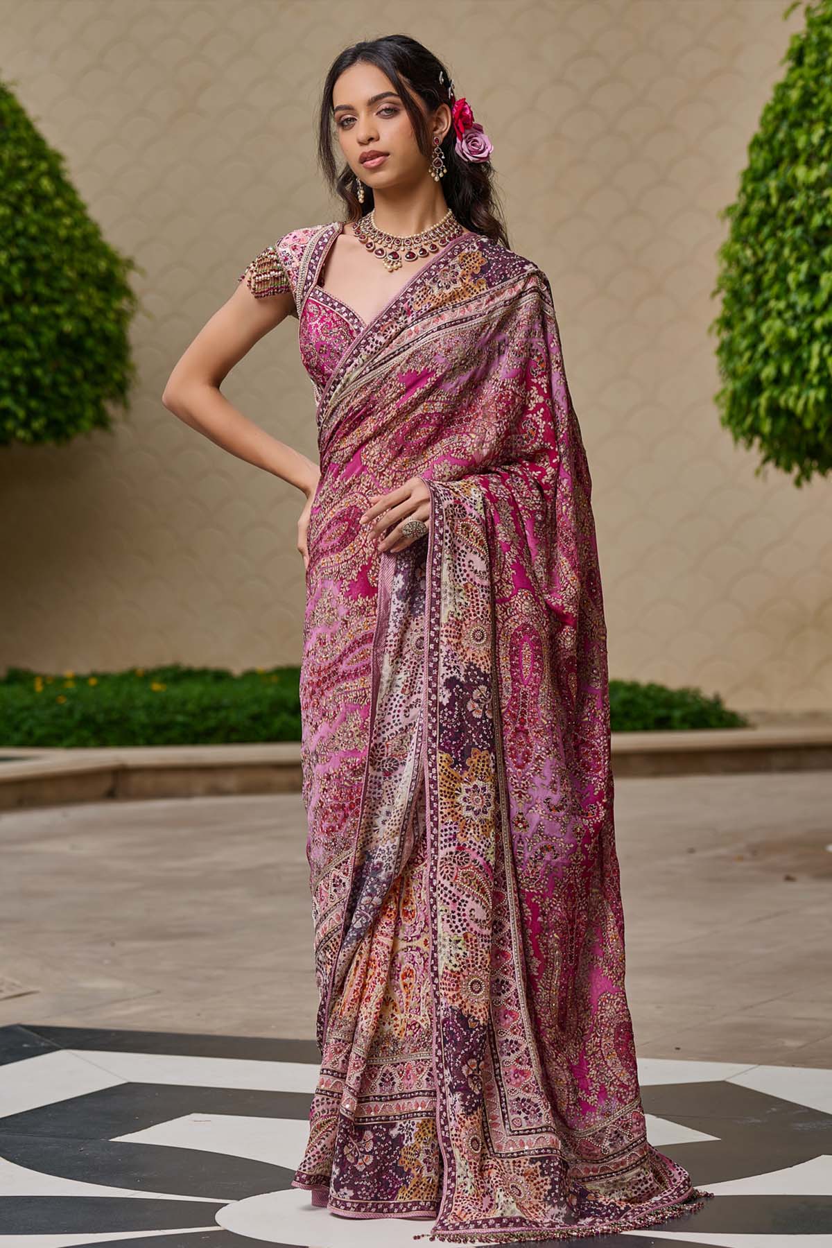 Tarun Tahiliani Kashida Embroidered Saree Shades Of Purple indian designer wear online shopping melange singapore