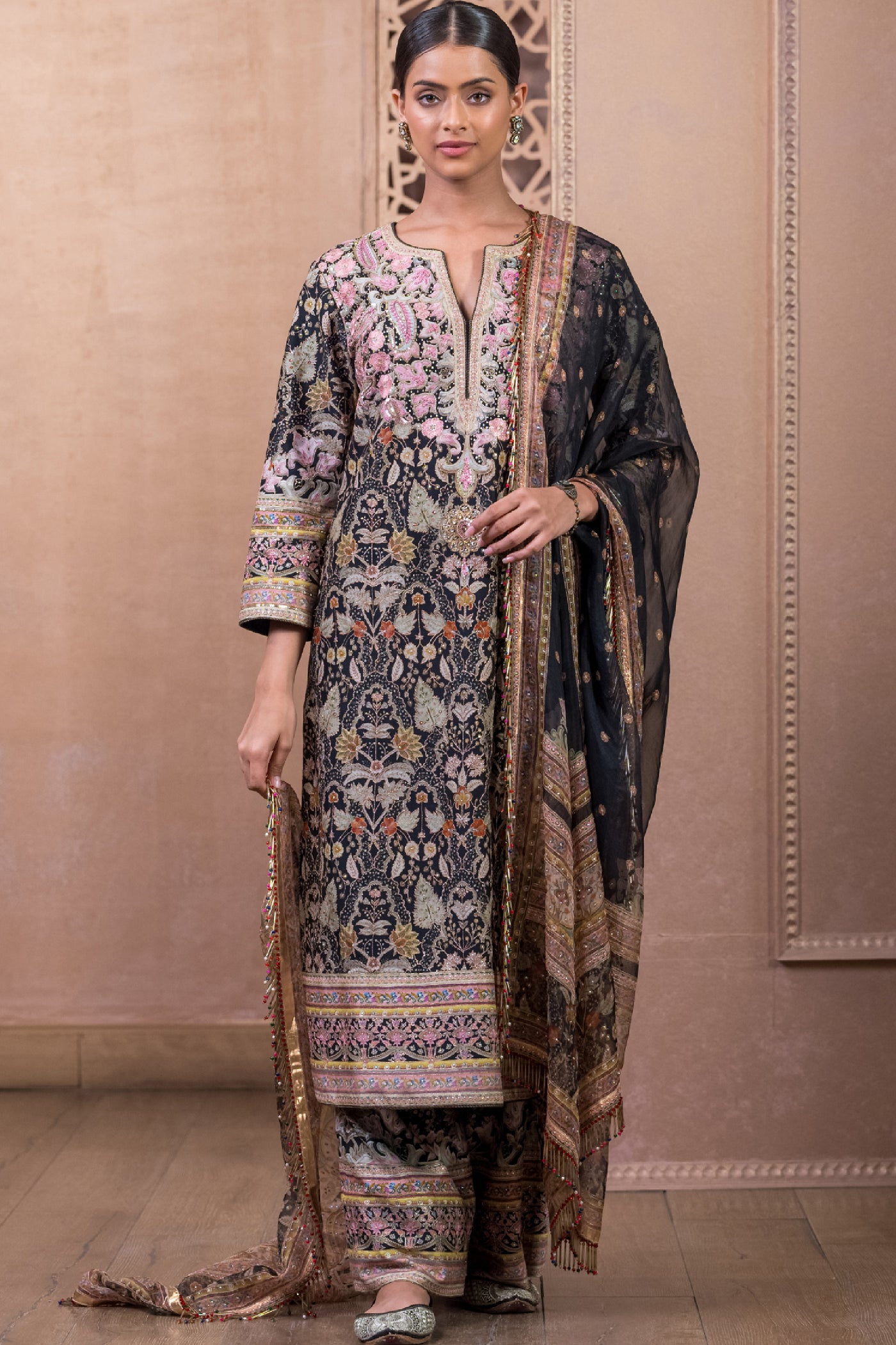 Tarun Tahiliani Kurta With Trousers and Dupatta Black indian designer wear online shopping melange singapore