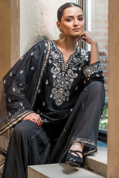 Tarun Tahiliani Kurti With Sharara and Dupatta Black indian designer wear online shopping melange singapore