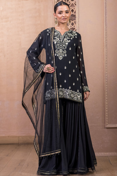 Tarun Tahiliani Kurti With Sharara and Dupatta Black indian designer wear online shopping melange singapore