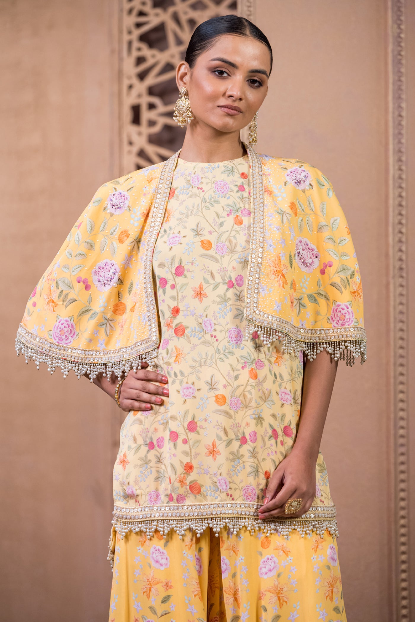 Tarun Tahiliani Kurti With Sharara And Cape Mango indian designer wear online shopping melange singapore