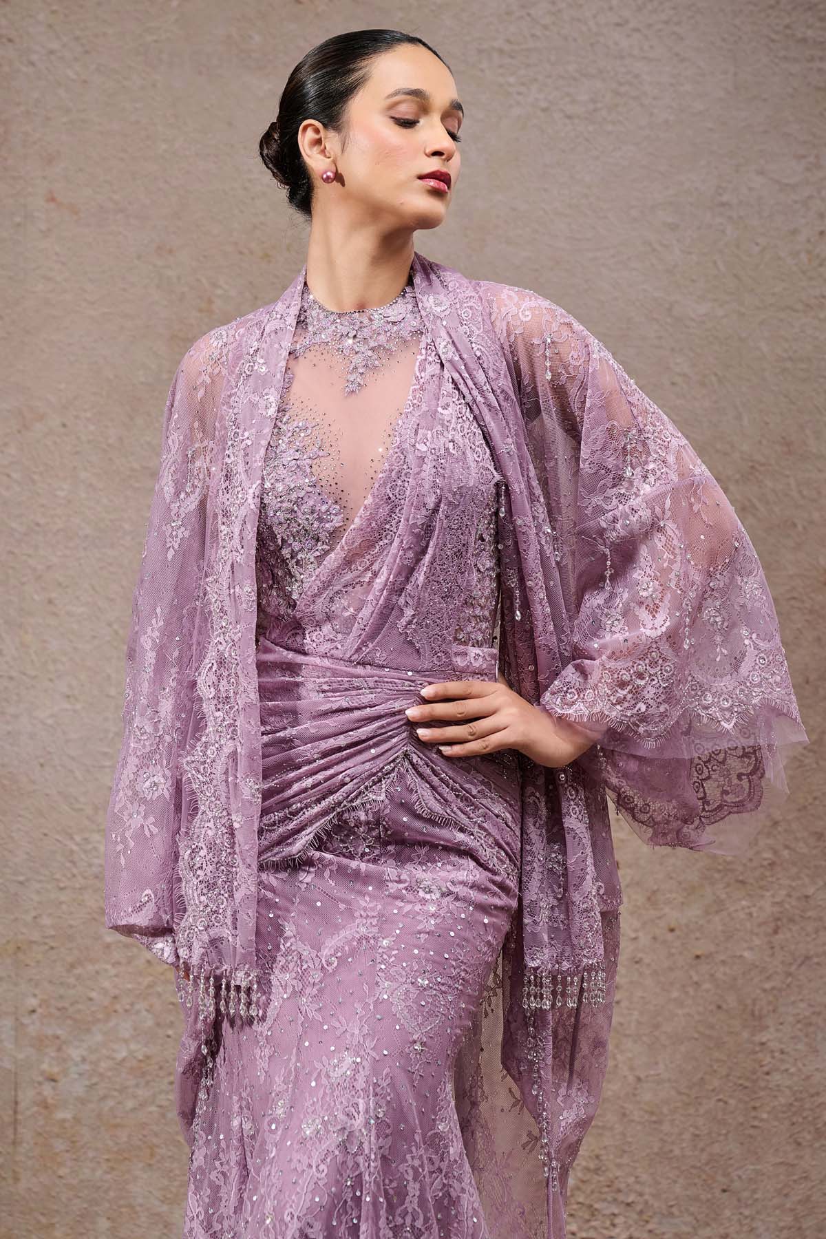 Tarun Tahiliani Lace Concept Saree with Cape indian designer wear online shopping melange singapore 