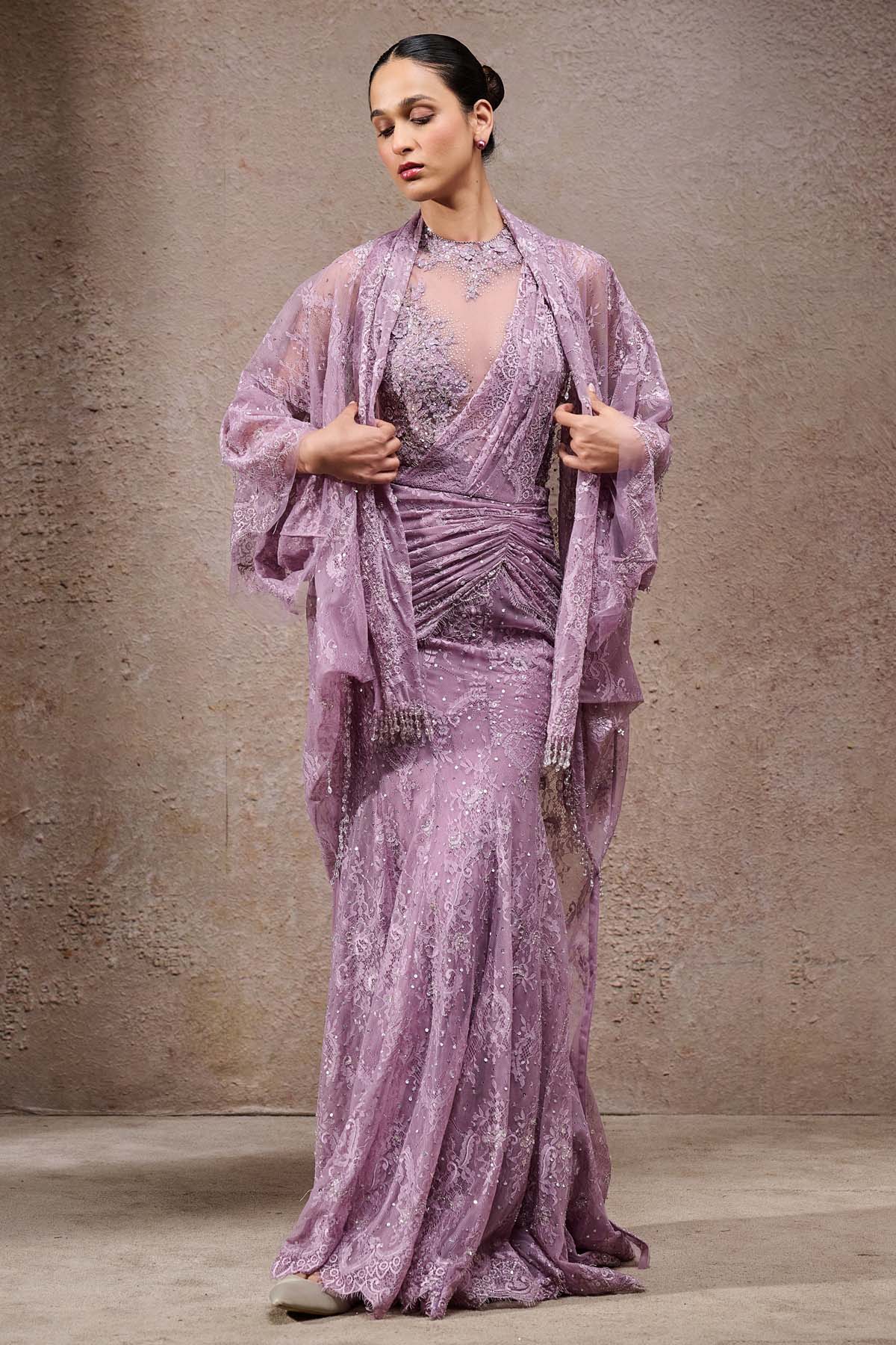 Tarun Tahiliani Lace Concept Saree with Cape indian designer wear online shopping melange singapore 