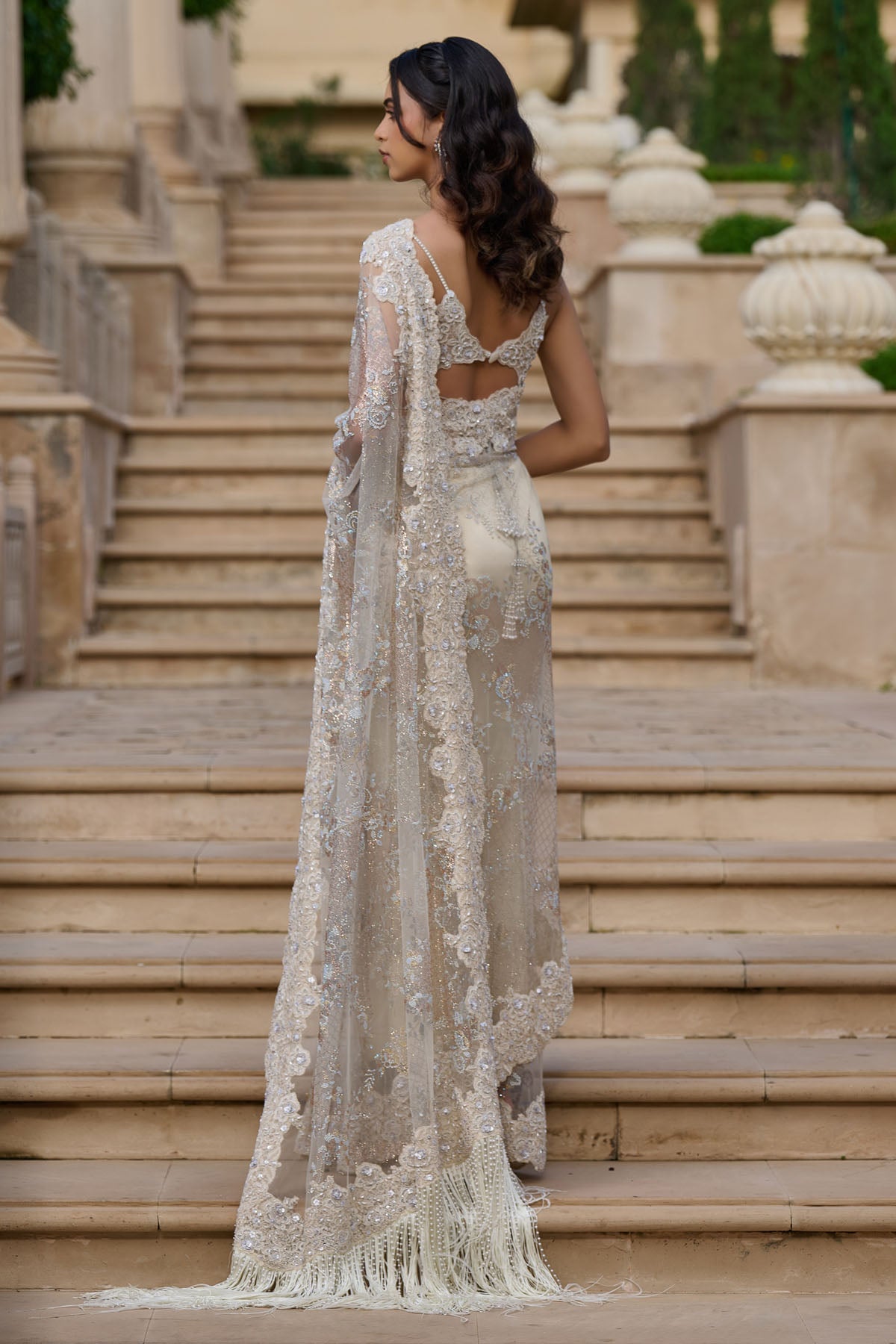 Tarun Tahiliani Lace Drape Skirt And Pearl Corset Set Ivory indian designer wear online shopping melange singapore 