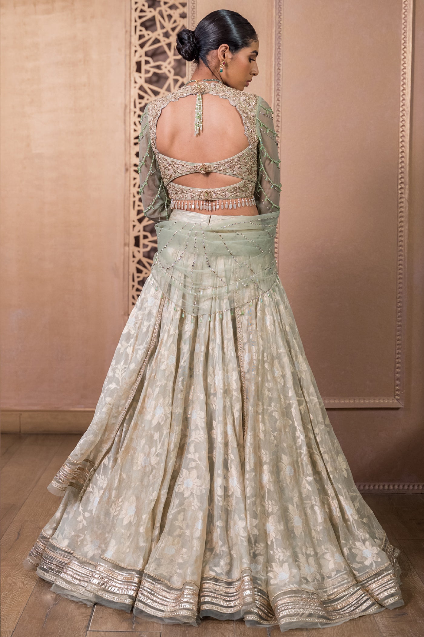 Tarun Tahiliani Lehenga With Blouse And Scarf Seige indian designer wear online shopping melange singapore