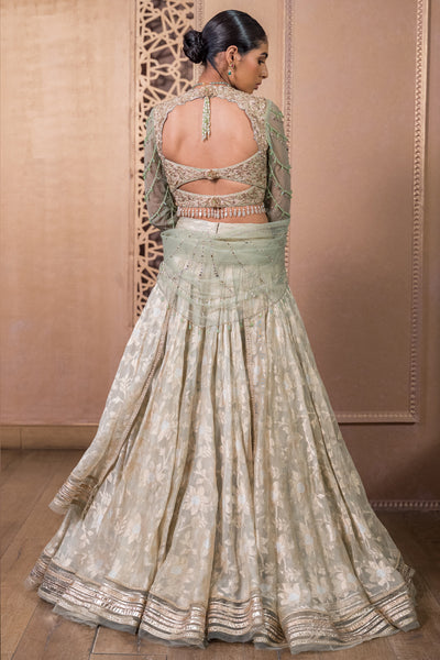 Tarun Tahiliani Lehenga With Blouse And Scarf Seige indian designer wear online shopping melange singapore