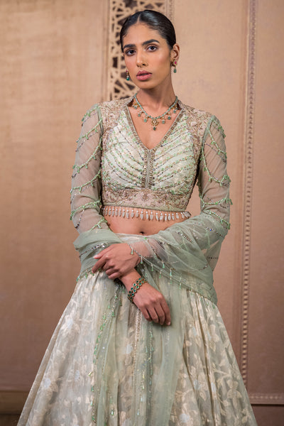 Tarun Tahiliani Lehenga With Blouse And Scarf Seige indian designer wear online shopping melange singapore
