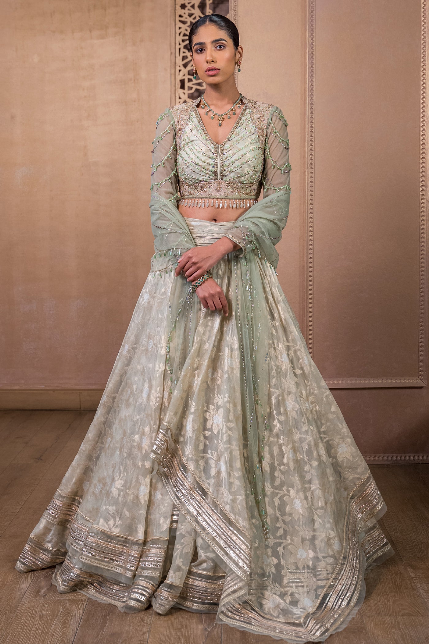 Tarun Tahiliani Lehenga With Blouse And Scarf Seige indian designer wear online shopping melange singapore