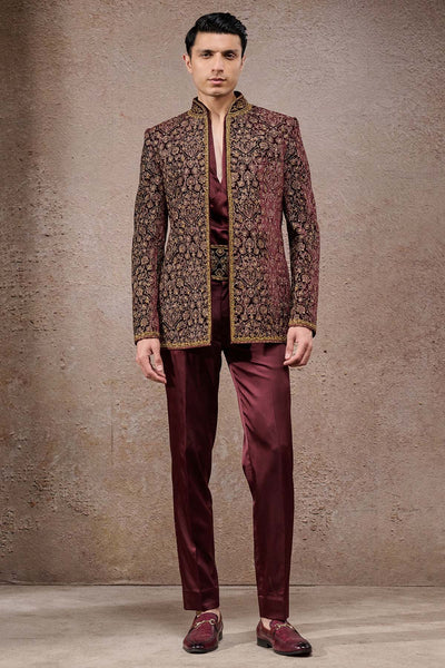 Tarun Tahiliani Menswear Antique Zardozi Velvet Bandhgala Set indian designer wear online shopping melange singapore 
