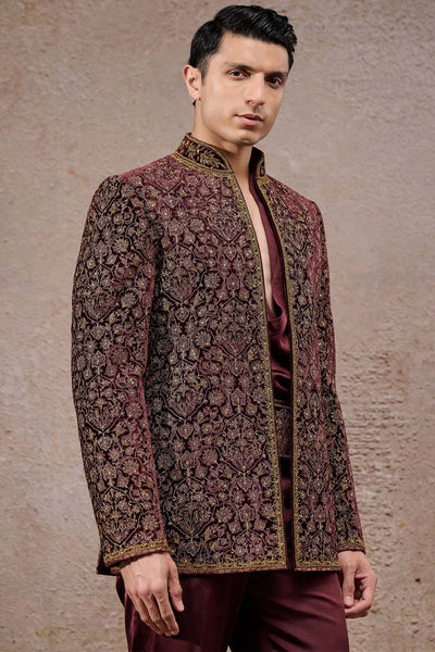 Tarun Tahiliani Menswear Antique Zardozi Velvet Bandhgala Set indian designer wear online shopping melange singapore 
