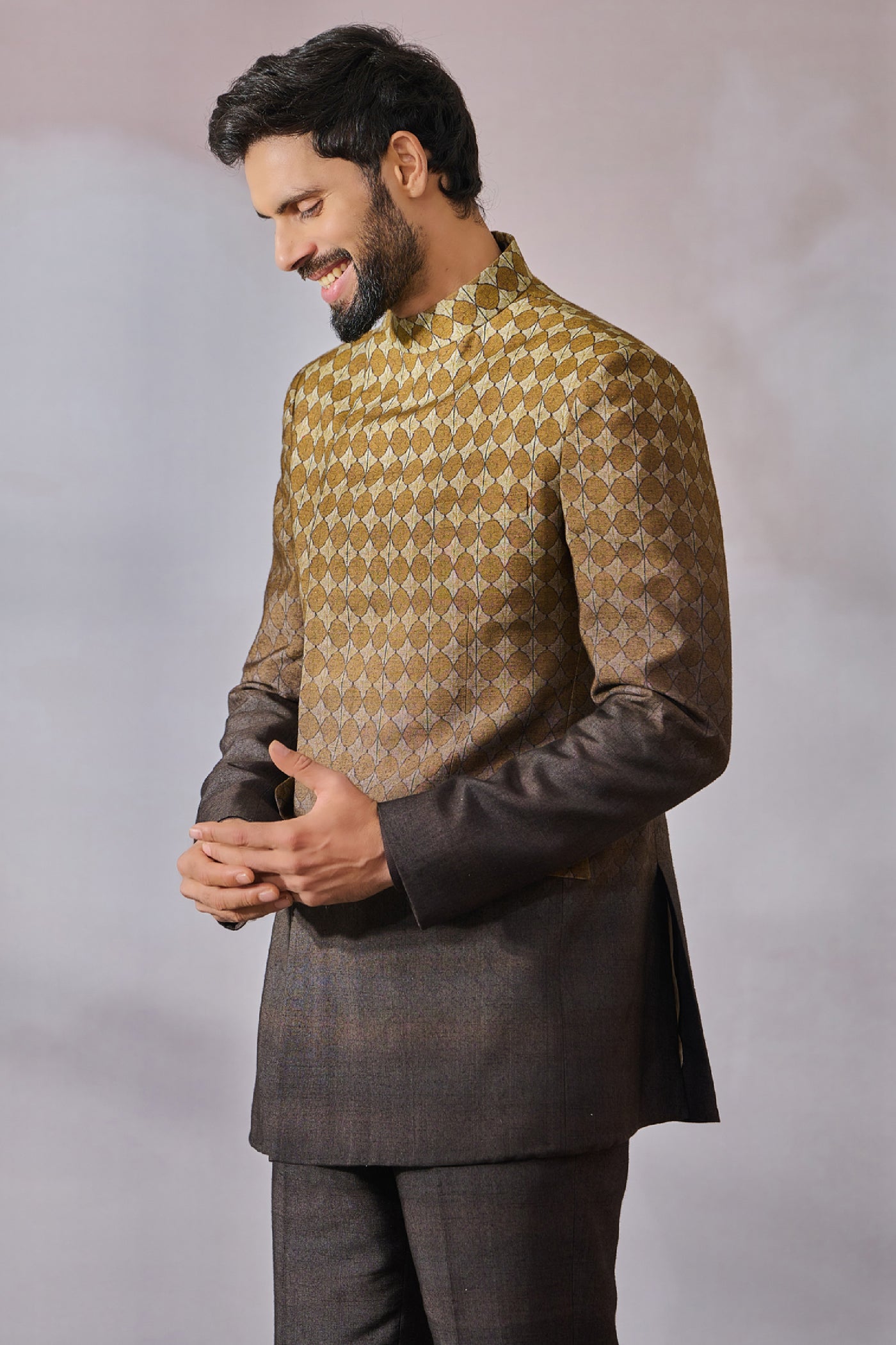 Tarun Tahiliani Menswear Bandgala Shirt Trouser Multi Brown indian designer wear online shopping melange singapore