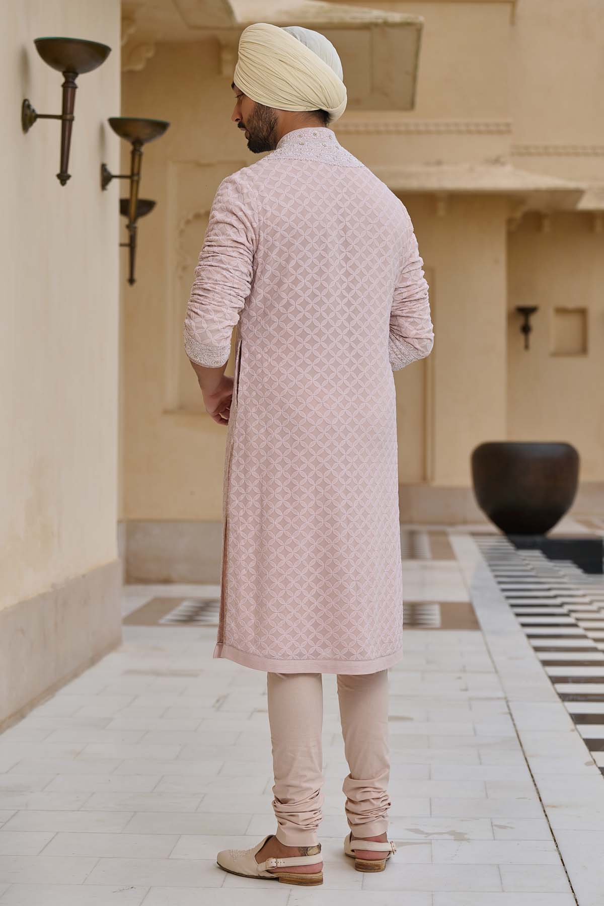 Tarun Tahiliani Menswear Chikankari Kurta Set with Pearl Detailing indian designer wear online shopping melange singapore 