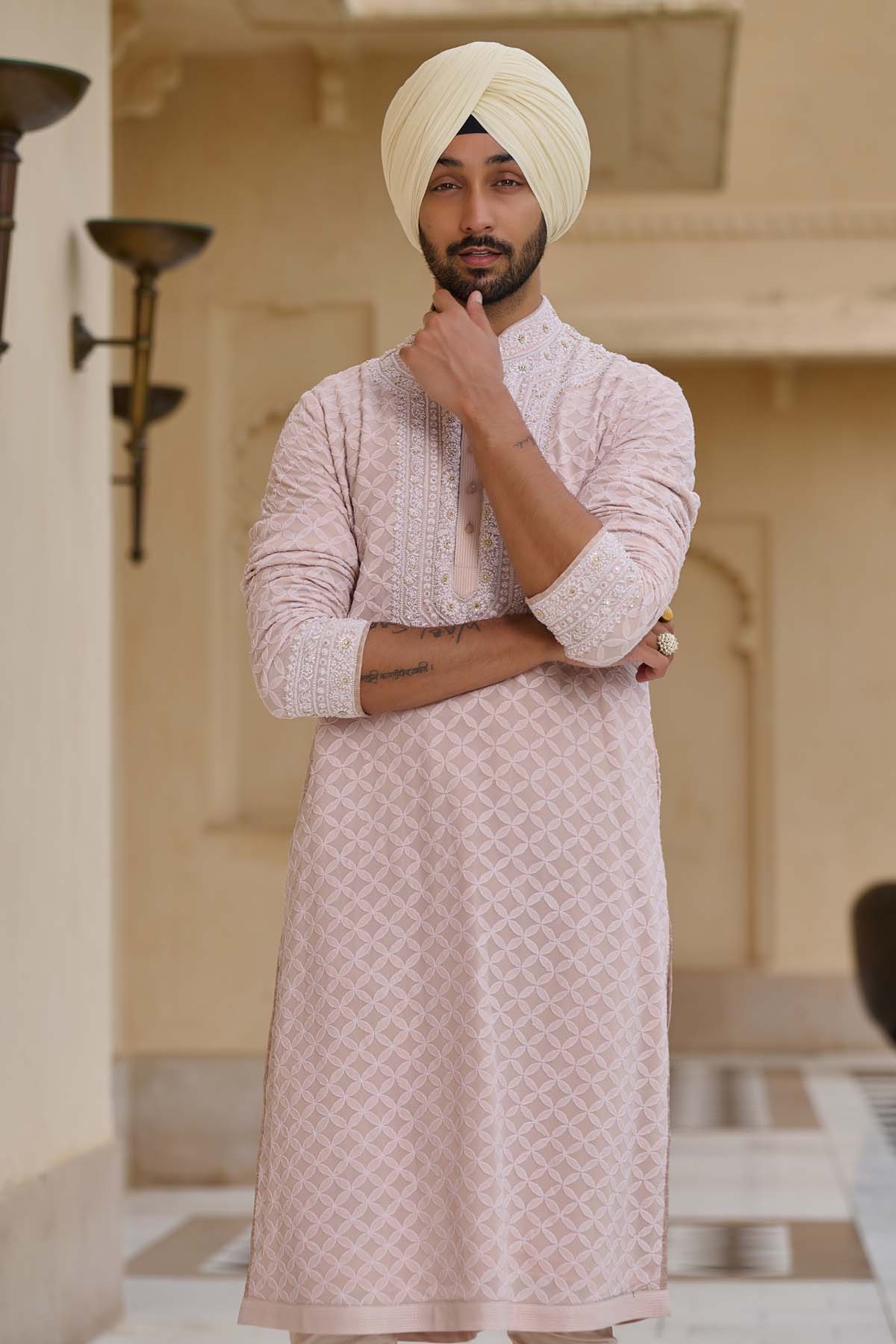 Tarun Tahiliani Menswear Chikankari Kurta Set with Pearl Detailing indian designer wear online shopping melange singapore 