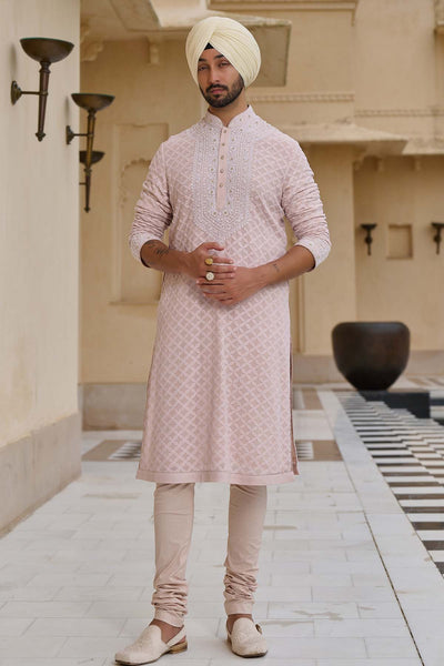 Tarun Tahiliani Menswear Chikankari Kurta Set with Pearl Detailing indian designer wear online shopping melange singapore 