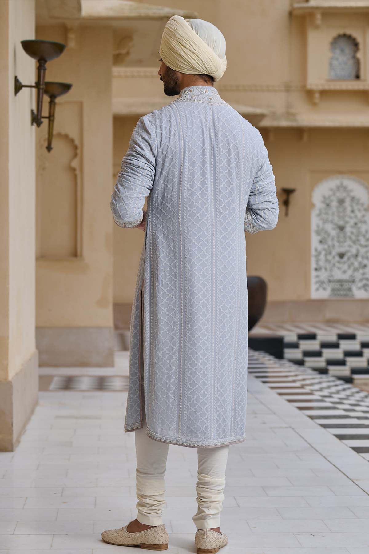 Tarun Tahiliani Menswear Chikankari Kurta Set with Pearl Detailing Powder Blue indian designer wear online shopping melange singapore 
