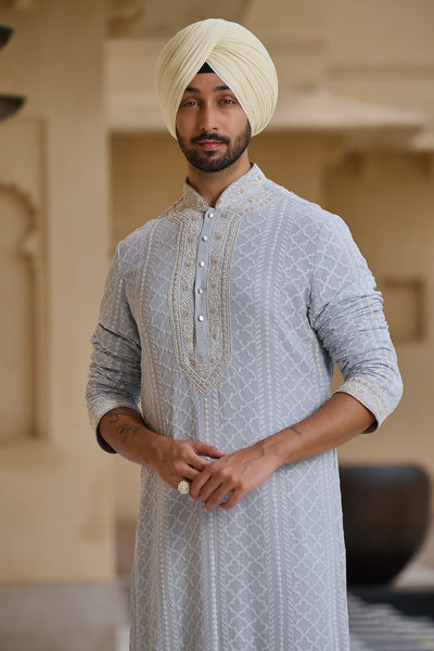 Tarun Tahiliani Menswear Chikankari Kurta Set with Pearl Detailing Powder Blue indian designer wear online shopping melange singapore 
