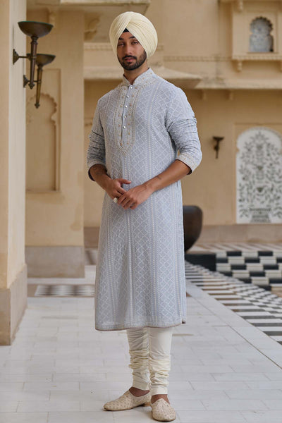 Tarun Tahiliani Menswear Chikankari Kurta Set with Pearl Detailing Powder Blue indian designer wear online shopping melange singapore 
