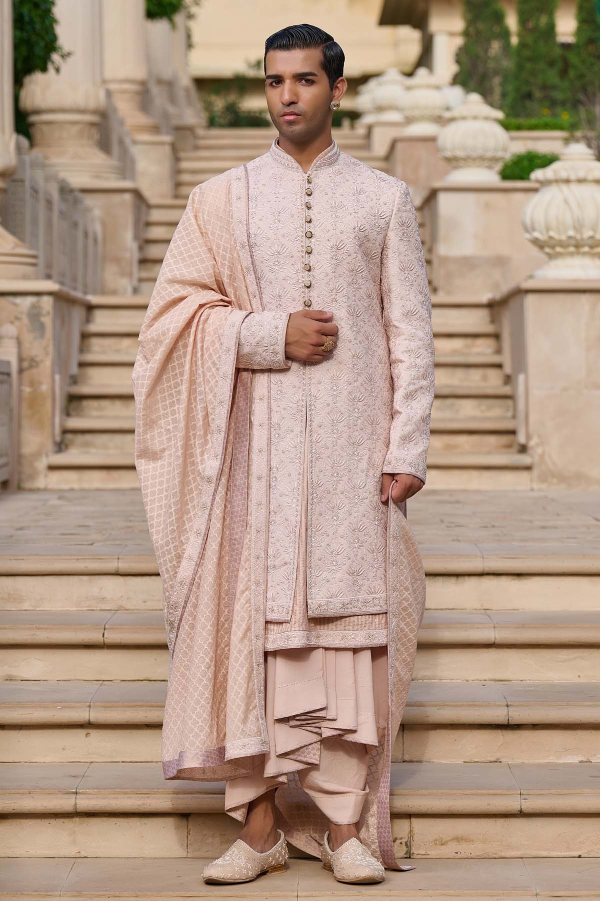 Tarun Tahiliani Menswear Chikankari Sherwani Set with Dhoti indian designer wear online shopping melange singapore 