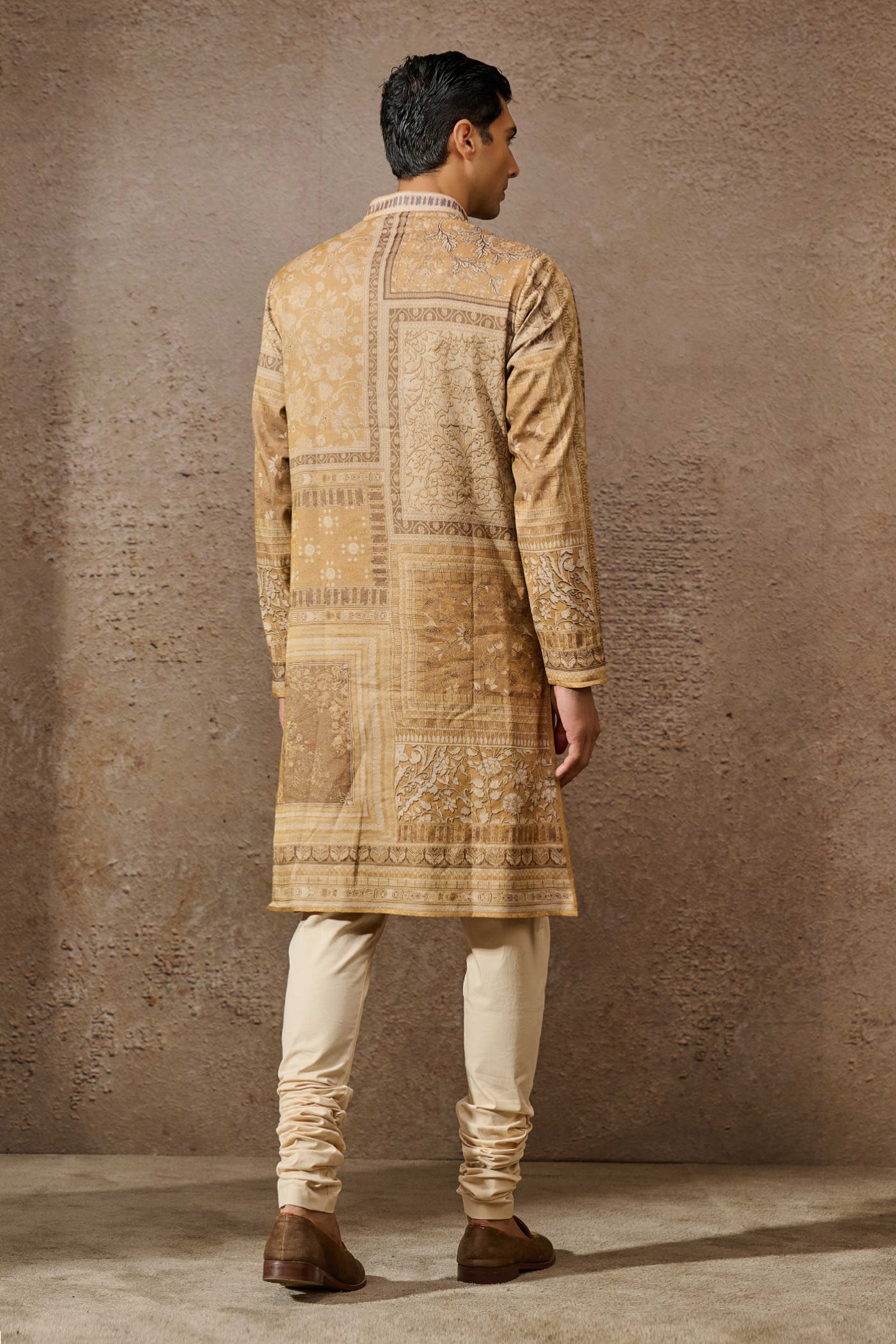 Tarun Tahiliani Menswear Classic Printed Kurta Beige indian designer wear online shopping melange singapore