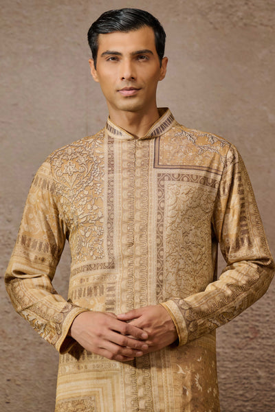 Tarun Tahiliani Menswear Classic Printed Kurta Beige indian designer wear online shopping melange singapore