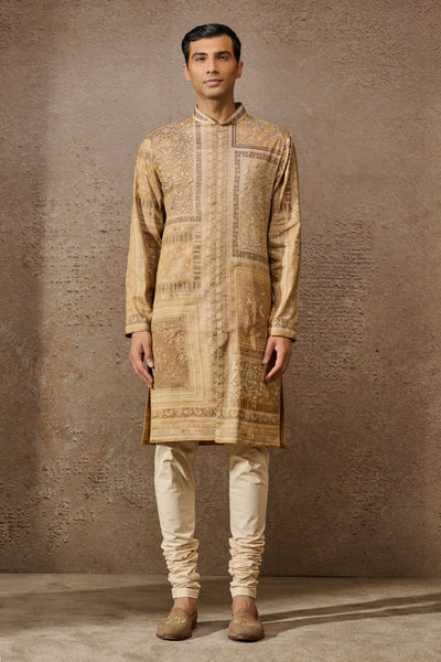 Tarun Tahiliani Menswear Classic Printed Kurta Beige indian designer wear online shopping melange singapore