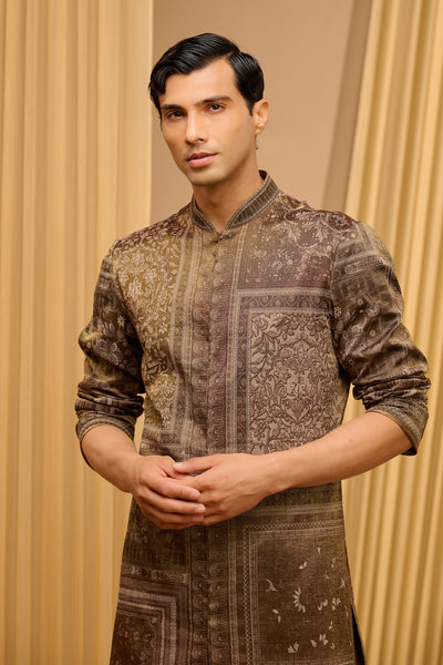 Tarun Tahiliani Menswear Classic Printed Kurta Olive indian designer wear online shopping melange singapore