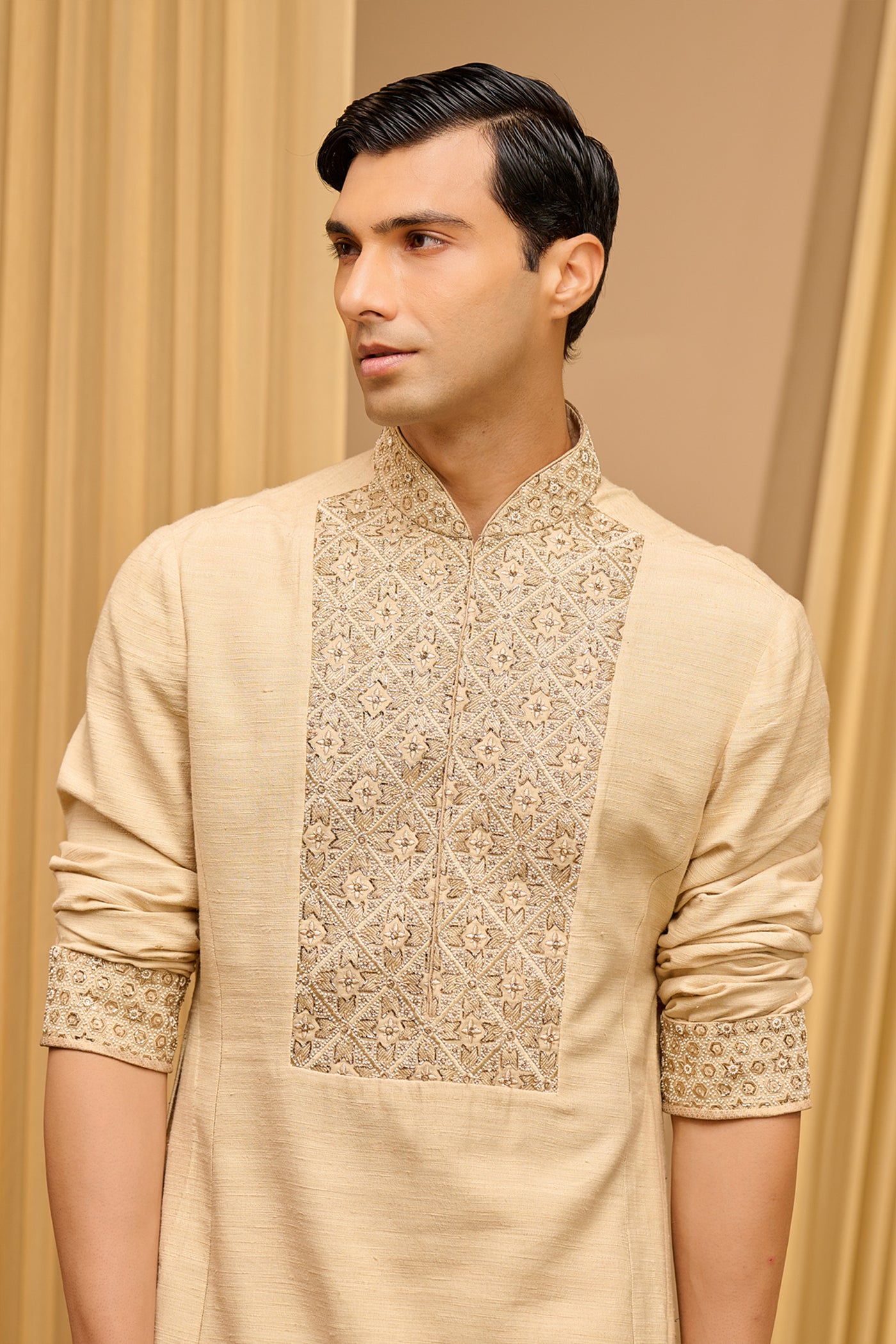 Tarun Tahiliani Menswear Embroidered Kurta Set Beige indian designer wear online shopping melange singapore