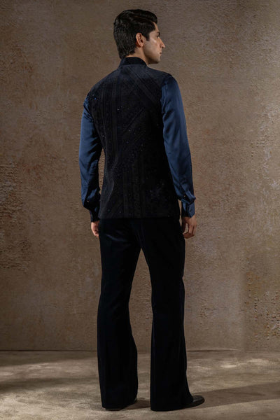 Tarun Tahiliani Menswear Etched Waistcoat Set with Velvet Trousers indian design