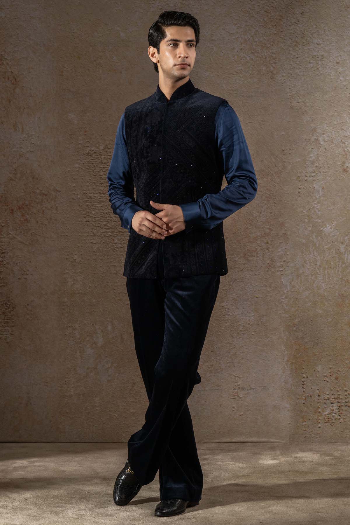 Tarun Tahiliani Menswear Etched Waistcoat Set with Velvet Trousers indian design