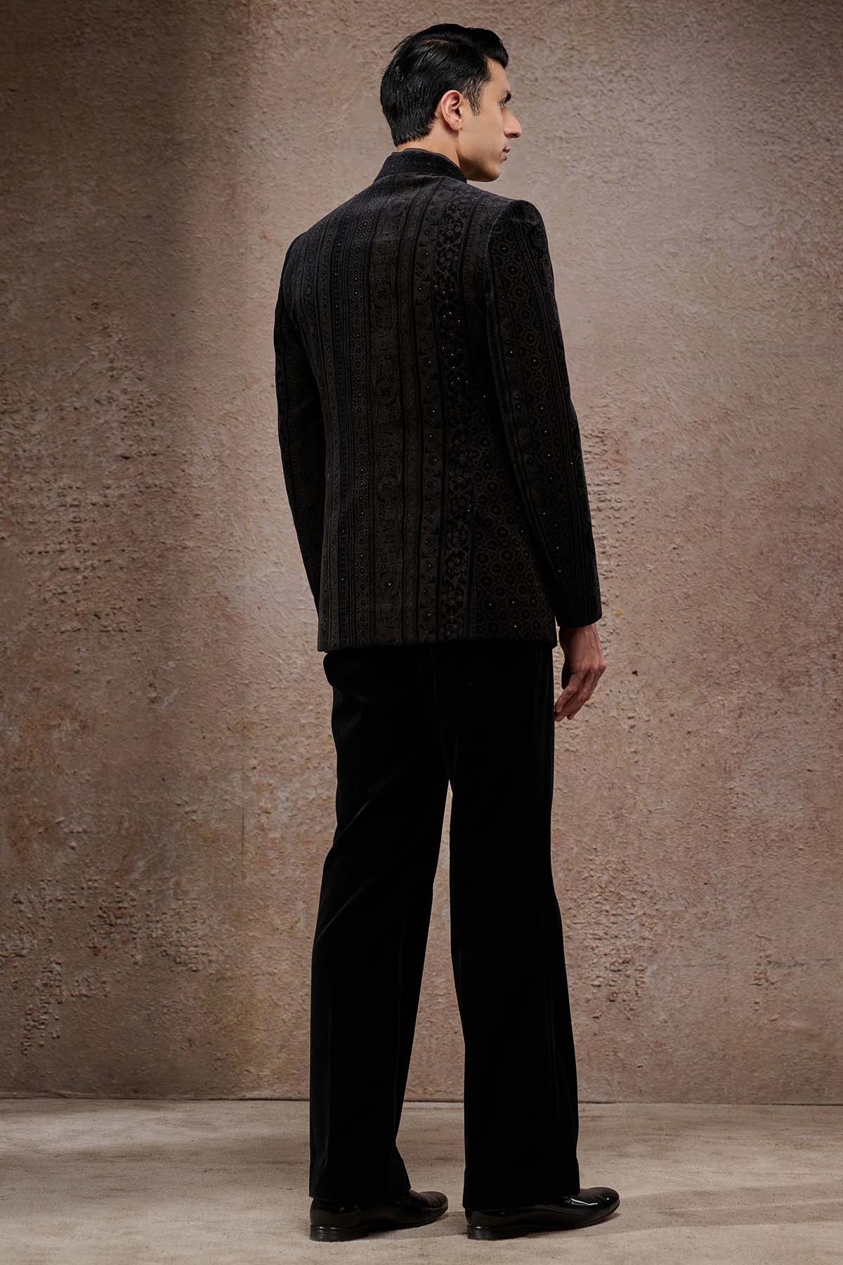Tarun Tahiliani Menswear Floral Stripe Etched Bandhgala Set indian designer wear online shopping melange singapore 