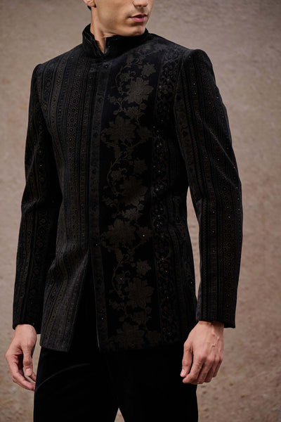 Tarun Tahiliani Menswear Floral Stripe Etched Bandhgala Set indian designer wear online shopping melange singapore 