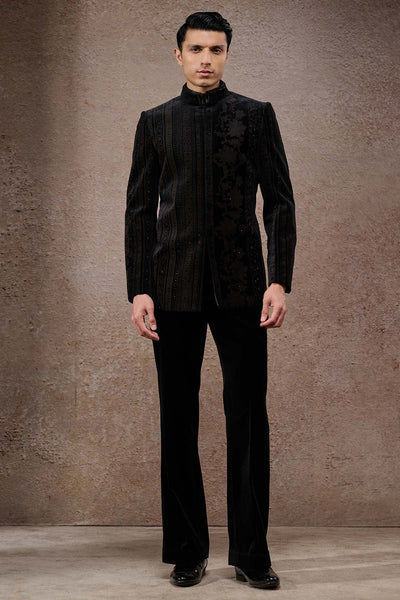 Tarun Tahiliani Menswear Floral Stripe Etched Bandhgala Set indian designer wear online shopping melange singapore 