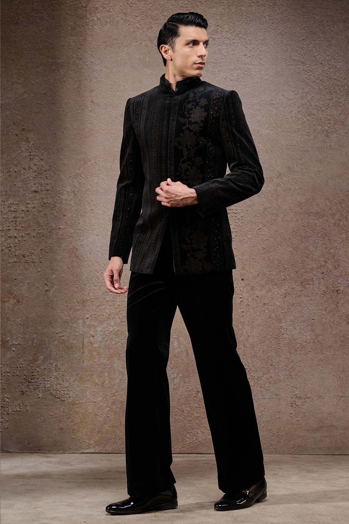 Tarun Tahiliani Menswear Floral Stripe Etched Bandhgala Set indian designer wear online shopping melange singapore 