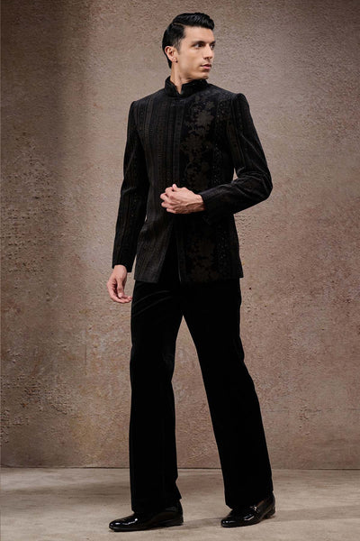 Tarun Tahiliani Menswear Floral Stripe Etched Bandhgala Set indian designer wear online shopping melange singapore 