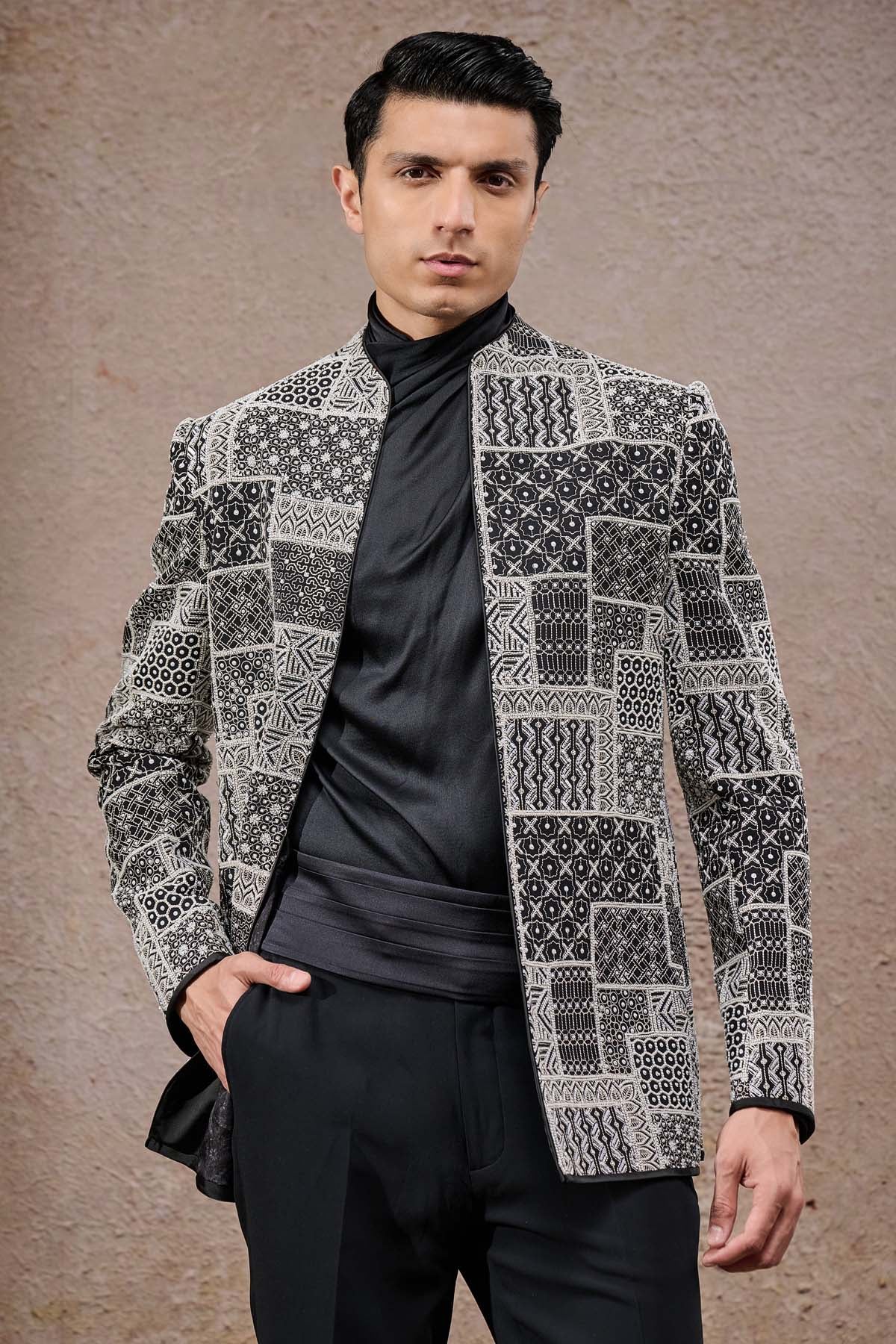Tarun Tahiliani Menswear Geometric Embroidered Bandhgala Set indian designer wear online shopping melange singapore 
