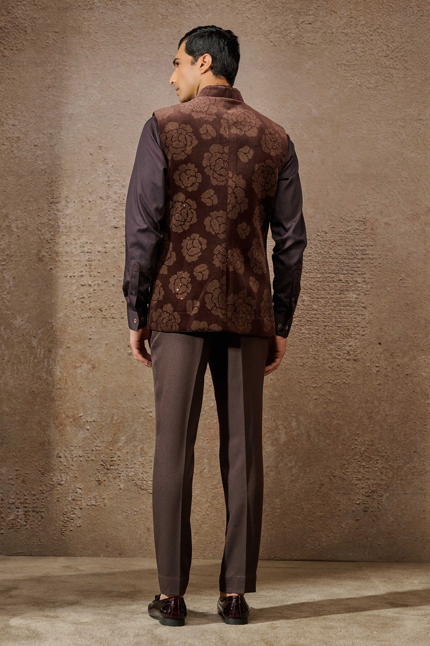 Tarun Tahiliani Menswear Indowestern Brown Waistcoat Set indian designer wear online shopping melange singapore

