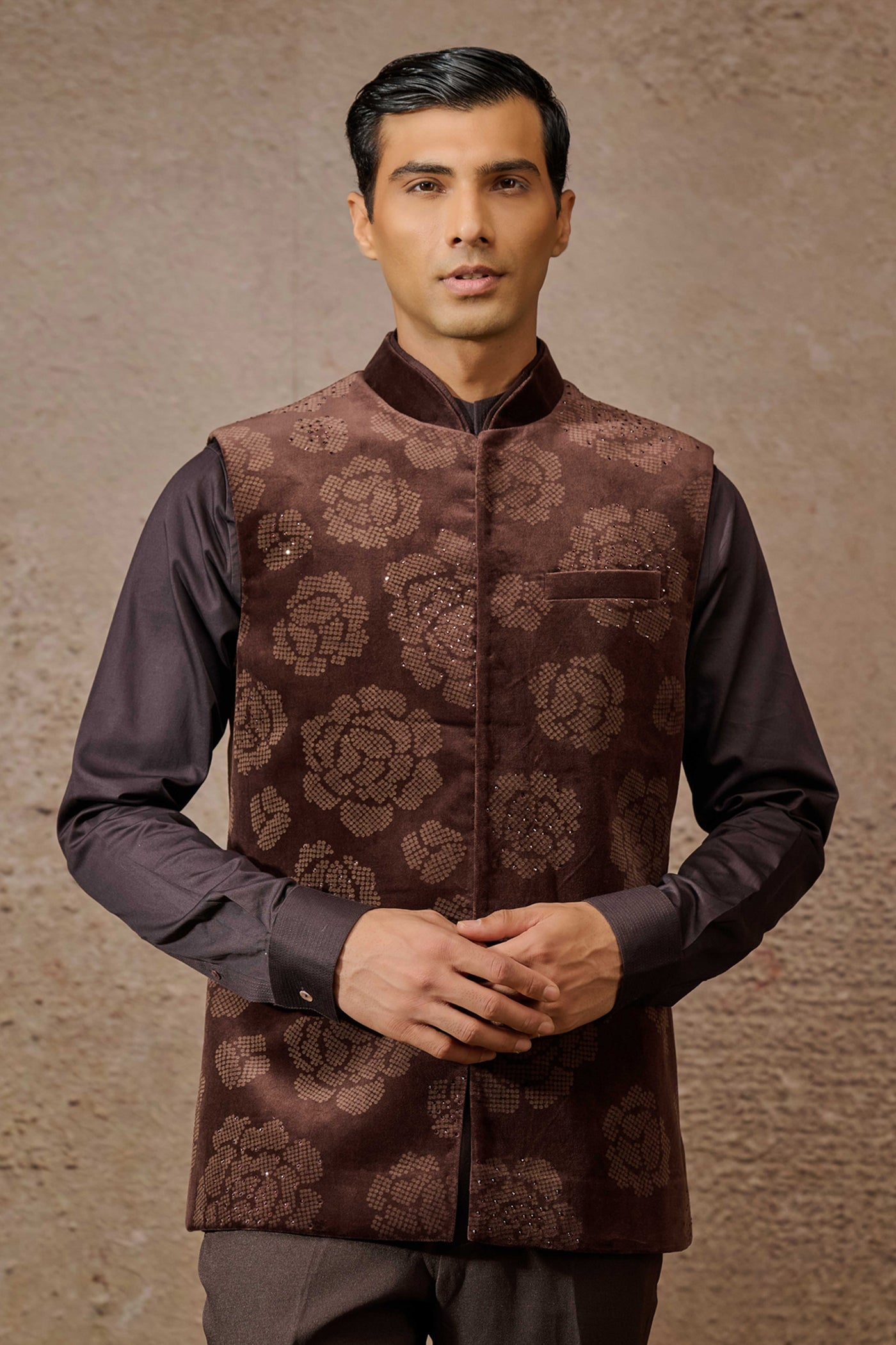 Tarun Tahiliani Menswear Indowestern Brown Waistcoat Set indian designer wear online shopping melange singapore
