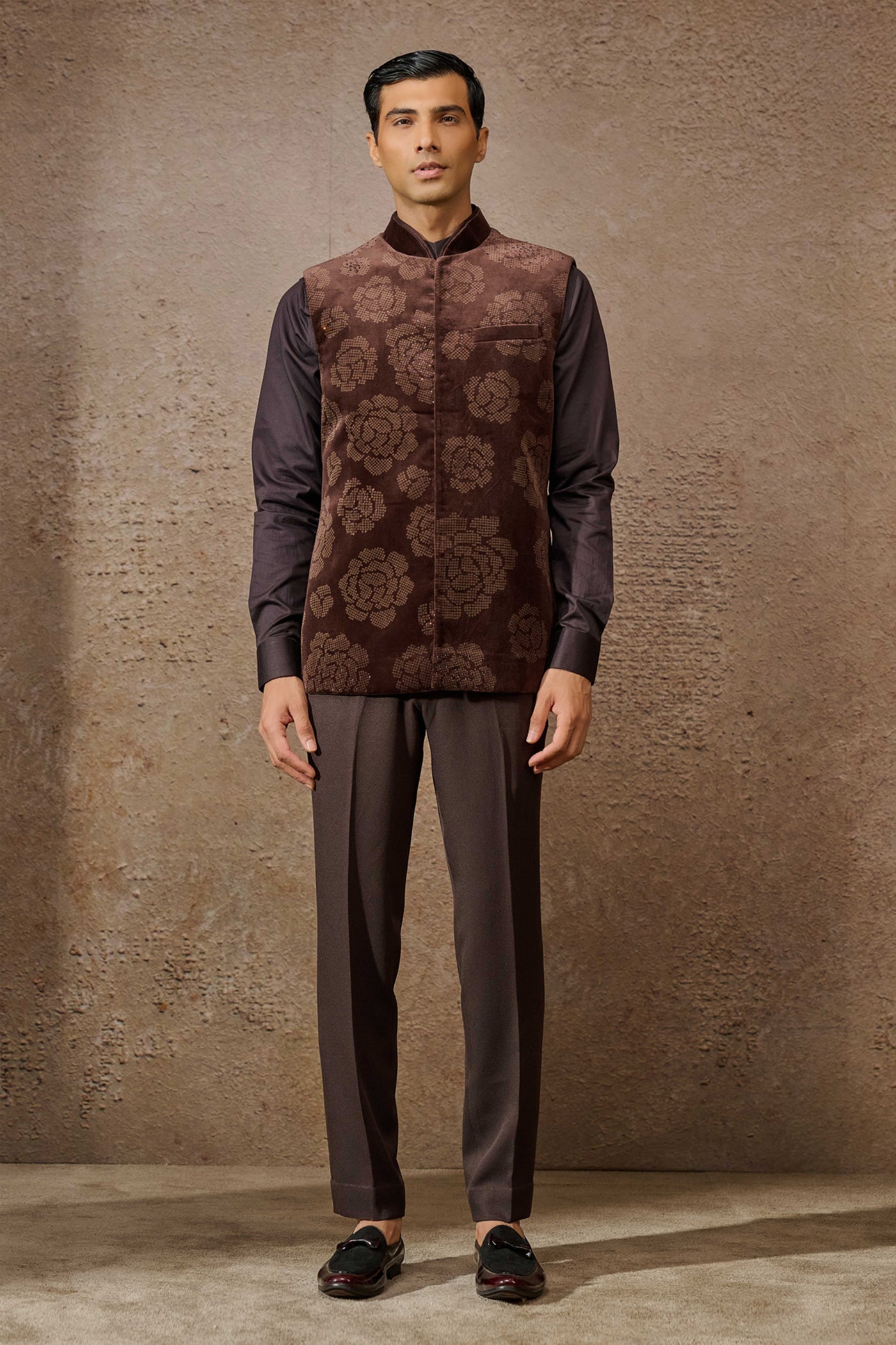 Tarun Tahiliani Menswear Indowestern Brown Waistcoat Set indian designer wear online shopping melange singapore

