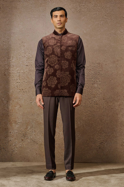 Tarun Tahiliani Menswear Indowestern Brown Waistcoat Set indian designer wear online shopping melange singapore
