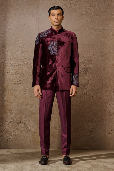 Tarun Tahiliani Menswear Indowestern Wine Bandgala Set indian designer wear online shopping melange singapore