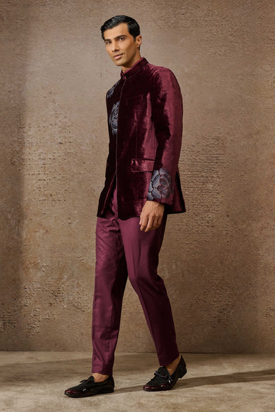 Tarun Tahiliani Menswear Indowestern Wine Bandgala Set indian designer wear online shopping melange singapore