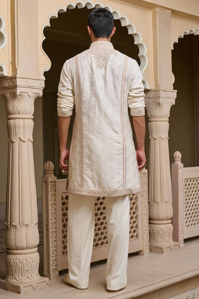 Tarun Tahiliani Menswear Ivory Textured Kurta Set with Pearl Detailing indian designer wear online shopping melange singapore 
