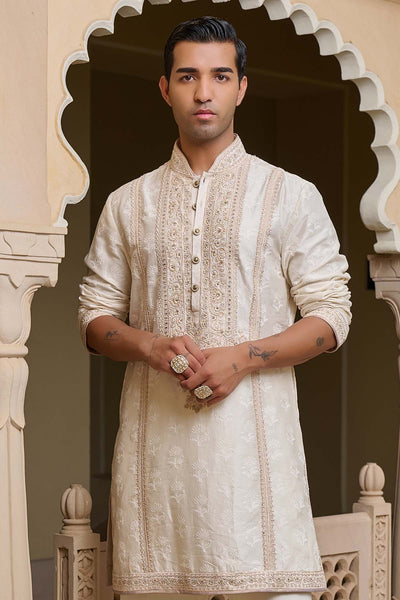 Tarun Tahiliani Menswear Ivory Textured Kurta Set with Pearl Detailing indian designer wear online shopping melange singapore 
