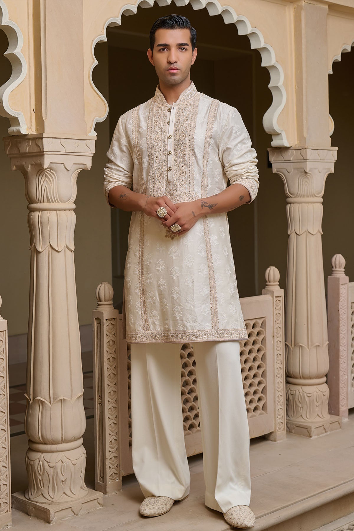 Tarun Tahiliani Menswear Ivory Textured Kurta Set with Pearl Detailing indian designer wear online shopping melange singapore 
