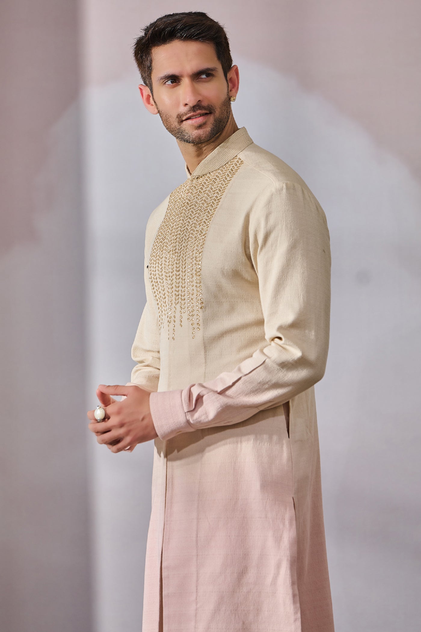 Tarun Tahiliani Menswear Kurta Trouser Beige Salmon indian designer wear online shopping melange singapore