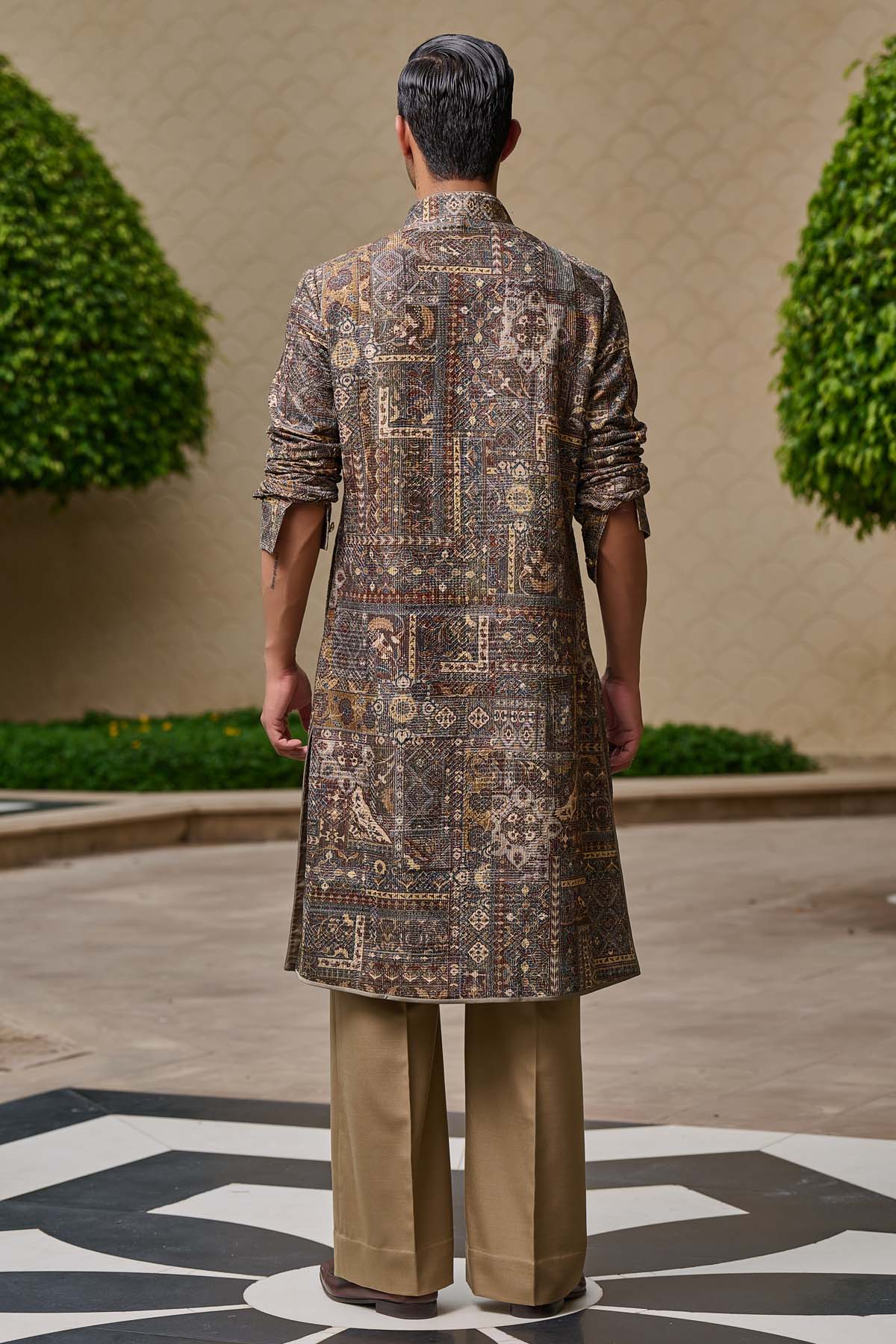 Tarun Tahiliani Menswear Printed Front-Open Kurta Set indian designer wear online shopping melange singapore